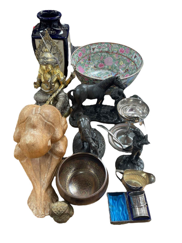 Silver jug and napkin rings, Oriental wares, gilt elephant Buddha, horse figures, etc.