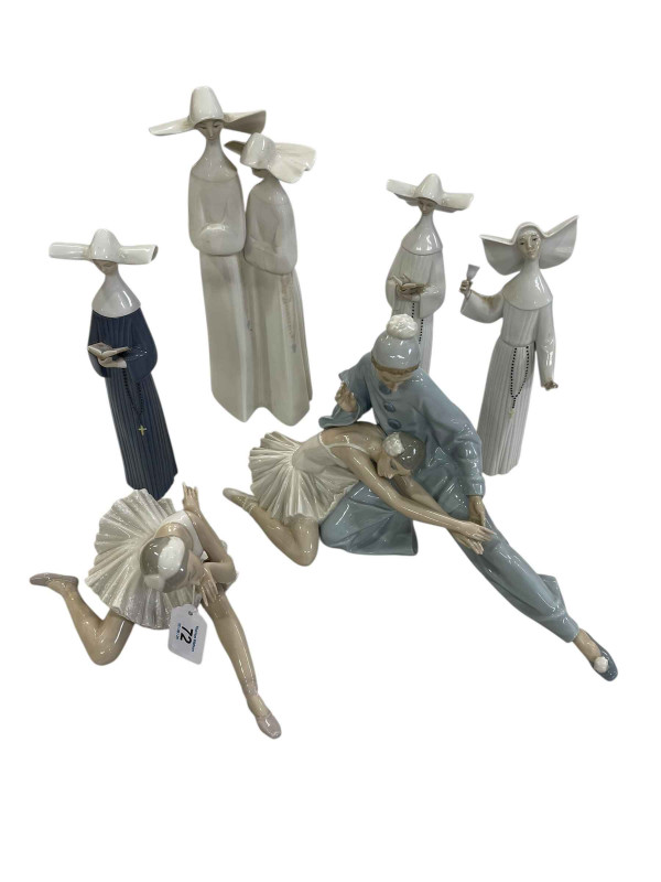 Six Lladro figurines including Ballerinas, Nuns, etc.