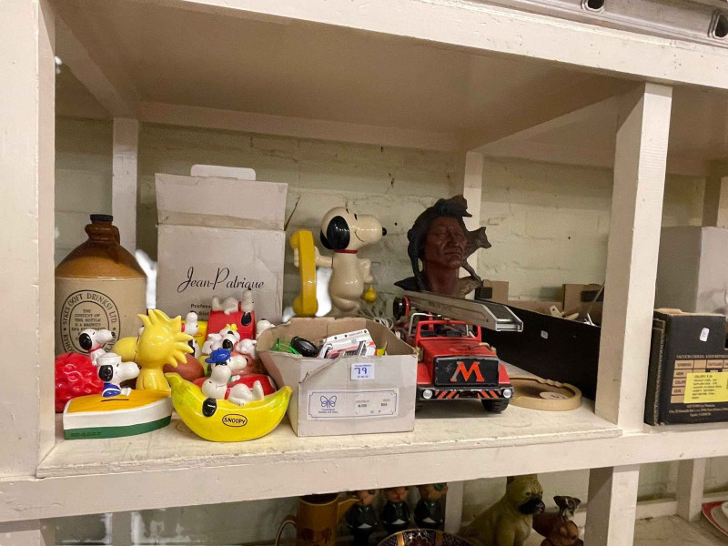 Snoopy telephone, Snoopy money boxes, stoneware jar, barometers, die-cast vehicles, etc.
