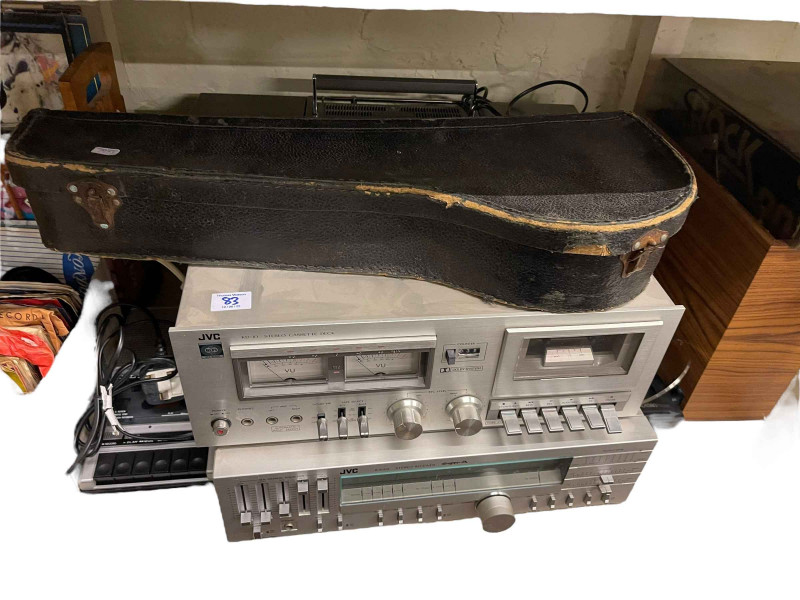 Sanyo Vinyl player, JUC radio, banjo, guitar, LP records, singles, etc.
