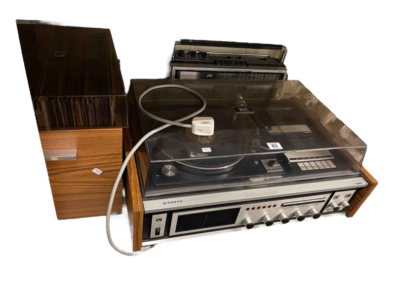 Sanyo Vinyl player, JUC radio, banjo, guitar, LP records, singles, etc.