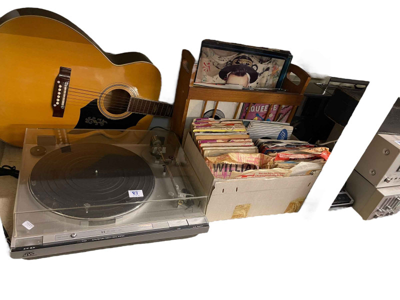Sanyo Vinyl player, JUC radio, banjo, guitar, LP records, singles, etc.