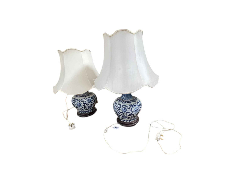 Pair of blue and white Chinese table lamps, 46cm high.