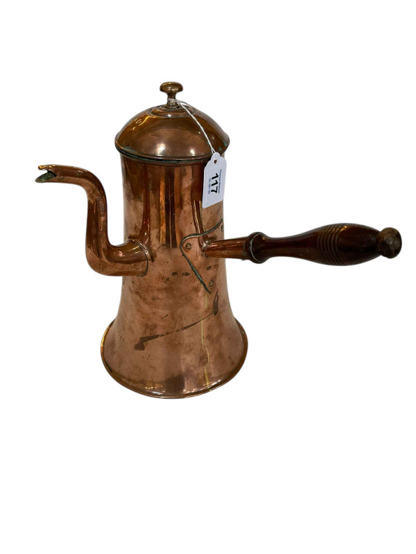 Polished copper French style chocolate pot, 33cm high.