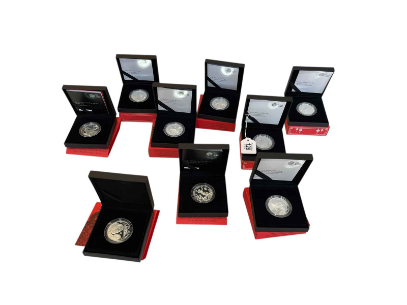 Collection of UK one ounce silver proof Lunar coins by the Royal Mint inc Year of the Rat 2020, Ox 2021, Horse 2014, Rooster 2017, Dog 2018 and Sheep 2015 (9). With COAs.