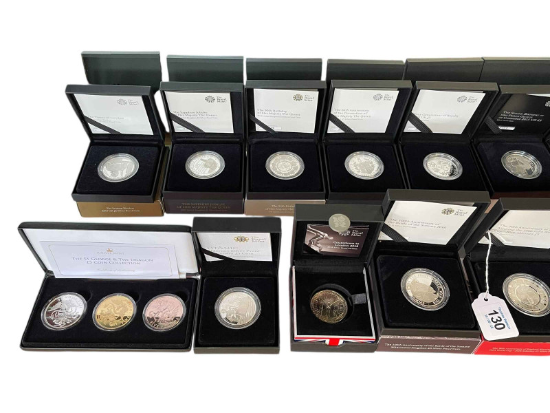 A very good collection of predominantly Royal Mint £5 silver proof coins inc 50th Ann of England Winning the 1966 Word Cup, Remembrance Day 2016, The Sapphire Jubilee of Her Majesty The Queen, Tower of London 2019, Titanic Alderney Centenary, Countdown to London 2012 Olympics etc (17).