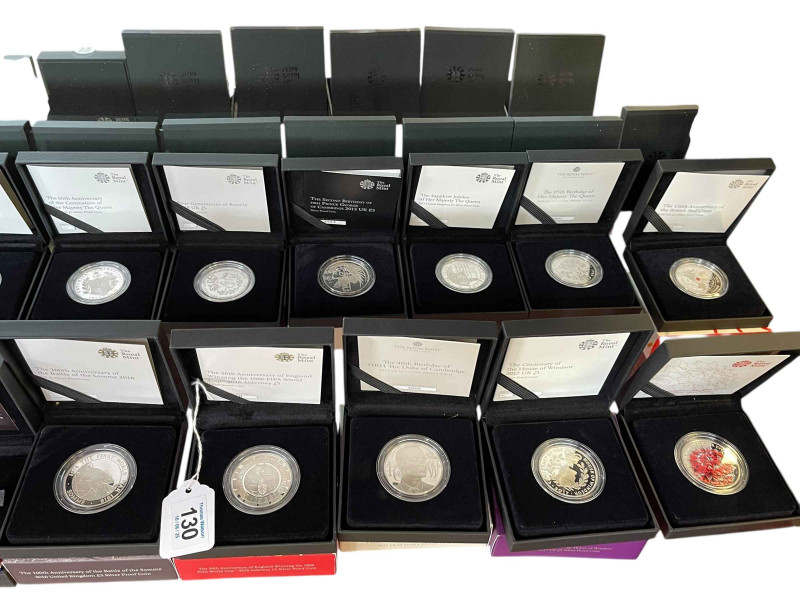 A very good collection of predominantly Royal Mint £5 silver proof coins inc 50th Ann of England Winning the 1966 Word Cup, Remembrance Day 2016, The Sapphire Jubilee of Her Majesty The Queen, Tower of London 2019, Titanic Alderney Centenary, Countdown to London 2012 Olympics etc (17).