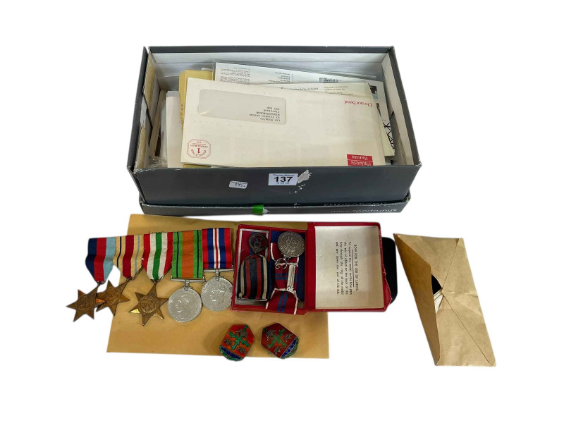 Collection of medals, stamps and coins including WW2 General Hospital Nottingham silver hallmarked badges (403 and 995), Queen Alexandra's Imperial Nursing Service, Coronation medal 1953 in box, two WW2 and star medals with ribbons on bar, commemorative crowns etc.