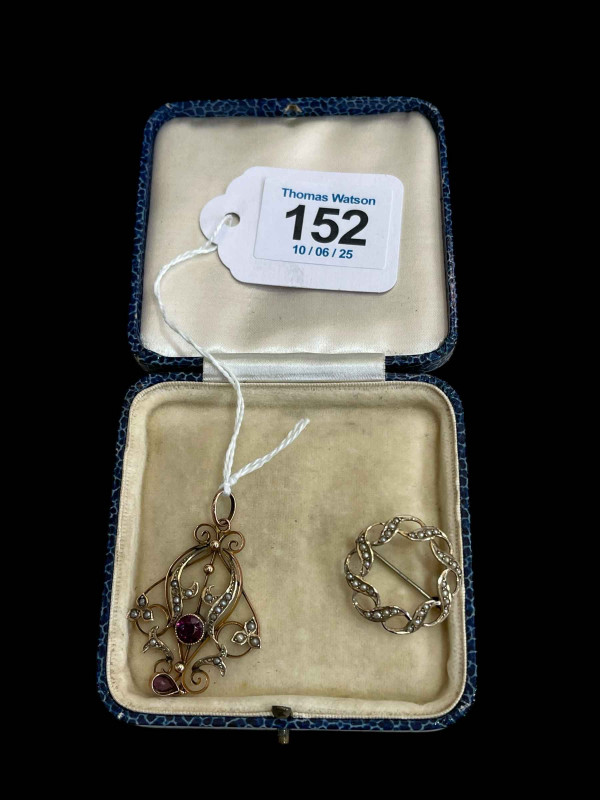 9 carat gold, amethyst and seed pearl pendant and 9 carat gold and seed pearl brooch (2).