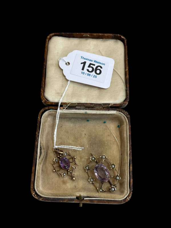Amethyst and seed pearl gold brooch and pendant (2).