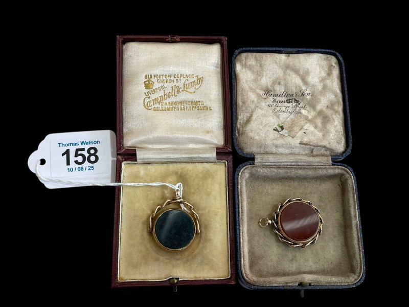 Two 19th Century 9 carat gold hardstone fobs.