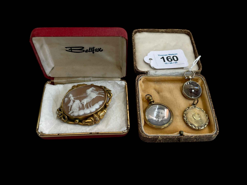 Victorian 'Chariot' cameo brooch and three locket fob/pendants, one 9 carat gold (4).