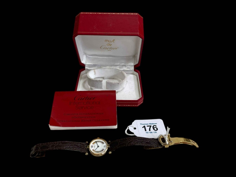 Cartier ladies silver gilt wristwatch, boxed.