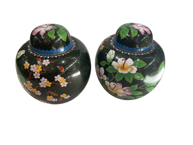 Pair large Cloisonné ginger jars and covers with flower decoration, 20.5cm.