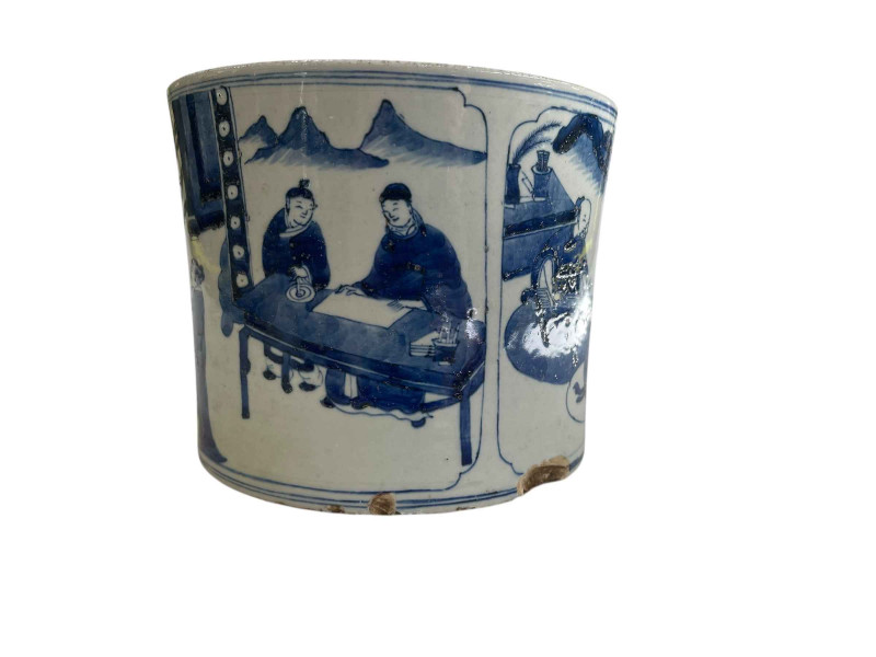 Large Chinese blue and white brush pot with two panels of figure decoration.