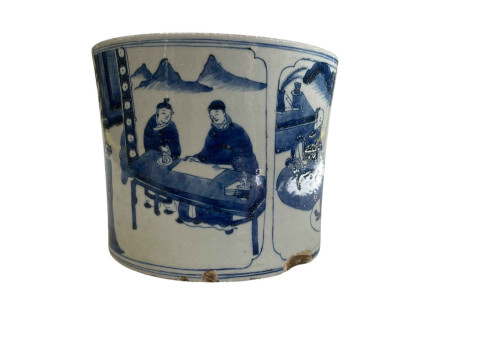 Large Chinese blue and white brush pot with two panels of figure decoration. thumbnail