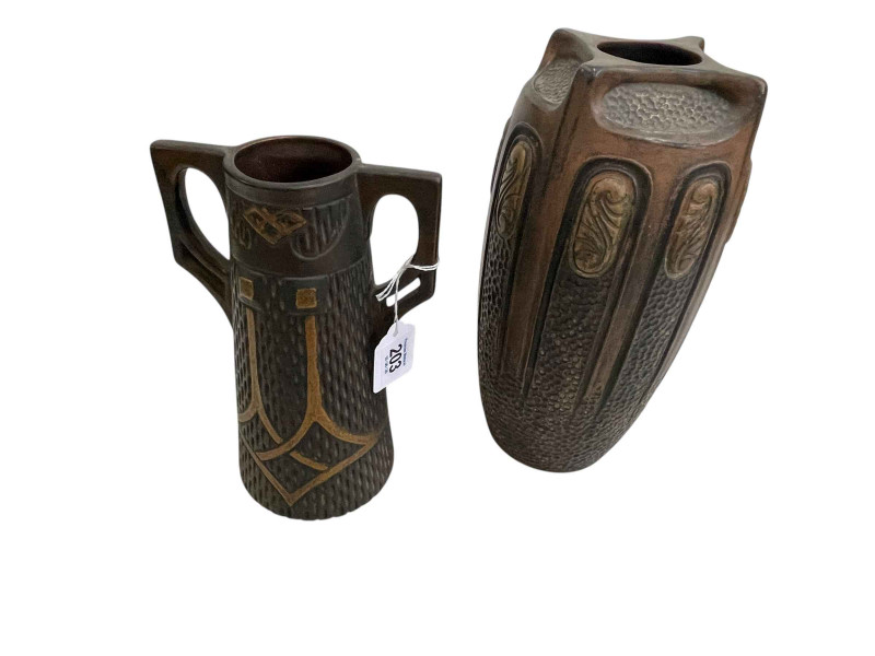 Two Bretby Clanta ware vases, largest 27cm.