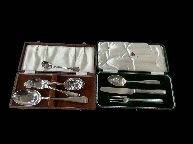Cased silver Christening set and six other spoons.