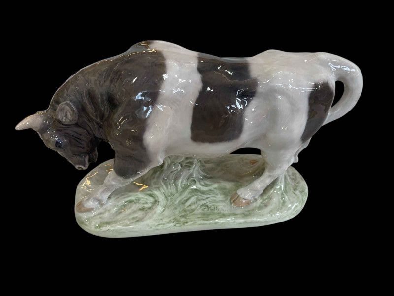 Royal Copenhagen figurine of a Bull with head down designed by Knud Kyhn, model No 1195, 21cm.