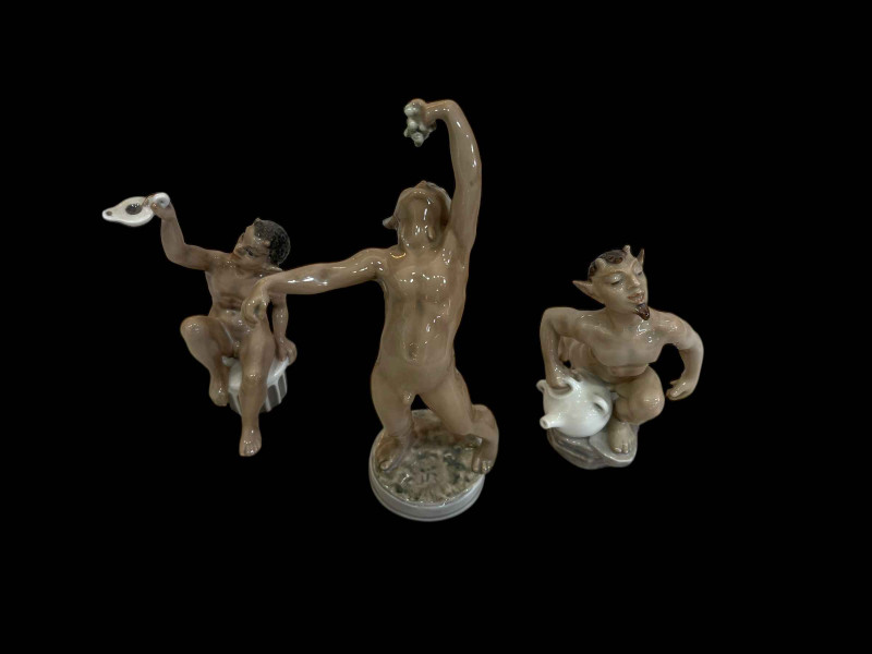 Three Dahl Jensen, Copenhagen figures of Fauns, No's 1336, 1173 and 1334.