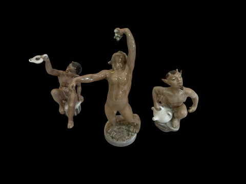 Three Dahl Jensen, Copenhagen figures of Fauns, No's 1336, 1173 and 1334.