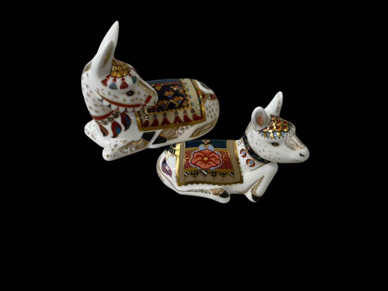 Two Royal Crown Derby paperweights, Donkey Foal and Mother.