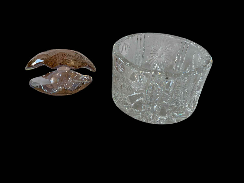 Swarovski Oyster and Pearl in box and a Waterford champagne bottle coaster.