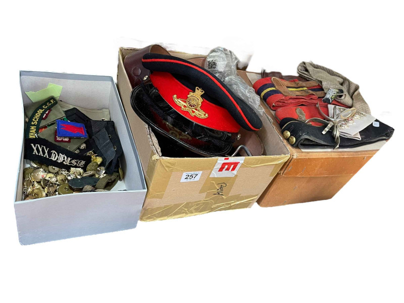 Collection of military collectables including buttons, belts, hat, etc.