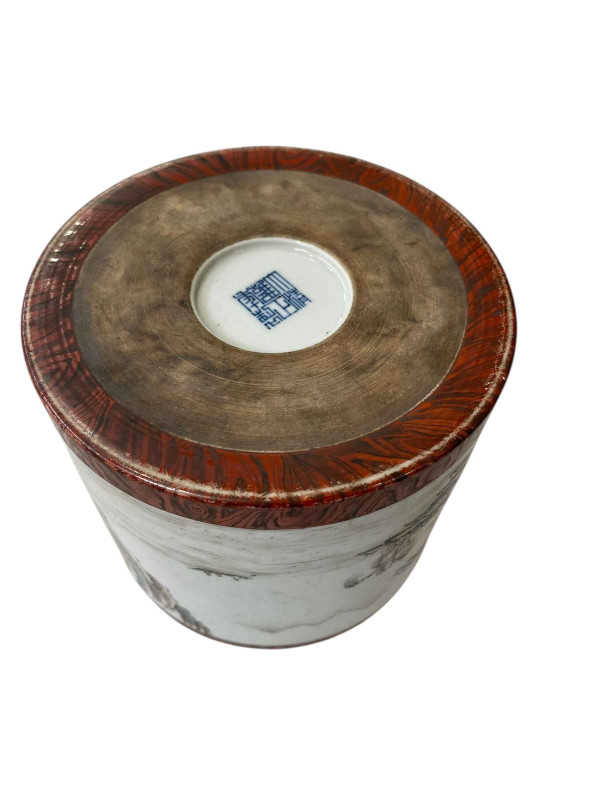 Large Chinese brush pot with continuous landscape decoration, seal mark to base, 16.5cm.