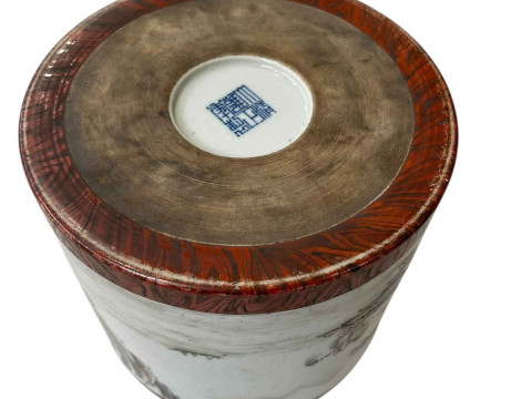 Large Chinese brush pot with continuous landscape decoration, seal mark to base, 16.5cm. thumbnail