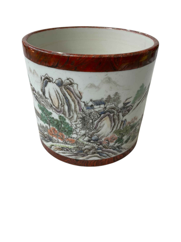 Large Chinese brush pot with continuous landscape decoration, seal mark to base, 16.5cm.