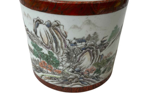 Large Chinese brush pot with continuous landscape decoration, seal mark...