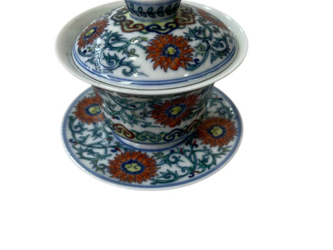 Chinese porcelain tea bowl, cover and stand with foliate design, blue...