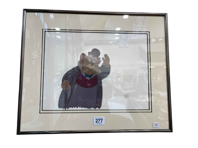 Disney animated character cel, The Great Mouse Detective, with COA and related paperwork, 36cm by 44cm, including frame.