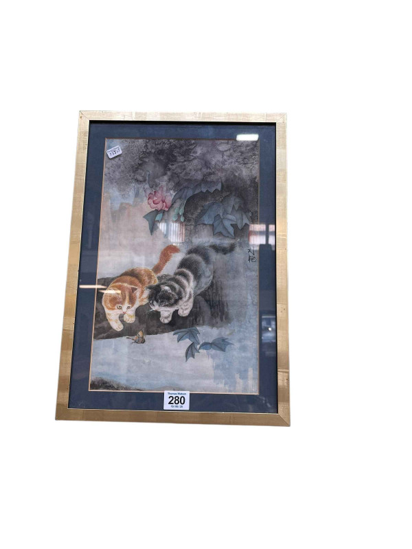 Liu Yan, Cats Observing a Butterfly, signed Chinese watercolour, framed, 41cm by 28.5cm including frame.
