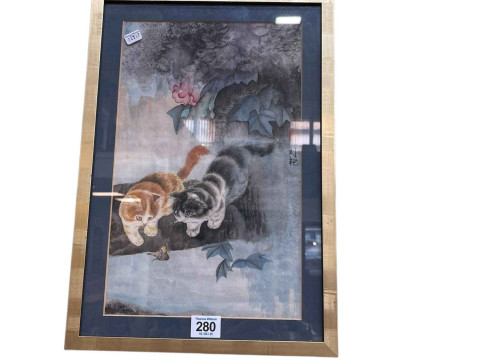 Liu Yan, Cats Observing a Butterfly, signed Chinese watercolour, framed,...