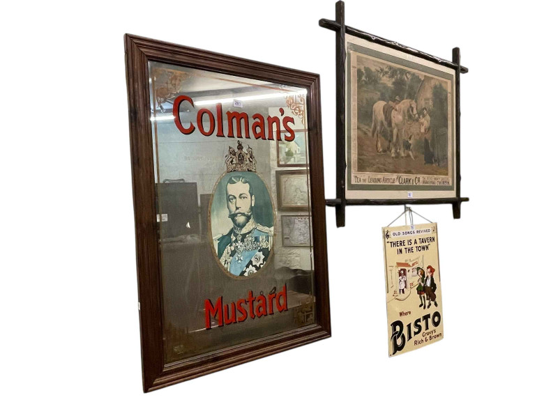 Colmans Mustard advert mirror, 1899, advert calendar and Bistro sign (3).