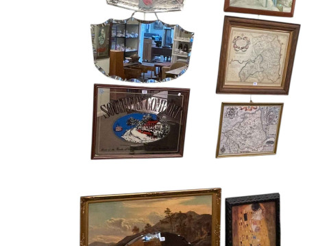 Southern Comfort advert mirror, three frameless mirrors, two map prints...