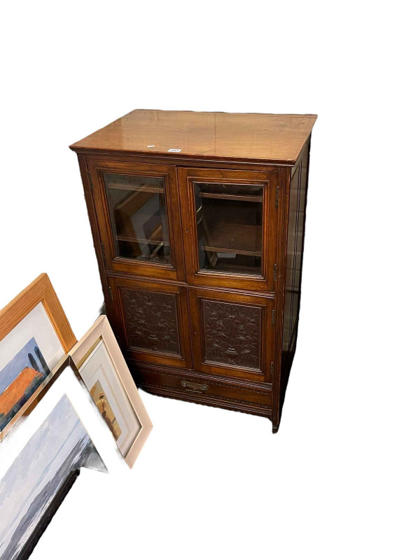 Victorian walnut four door music cabinet and collection of seven various prints including Jack Vettriano.