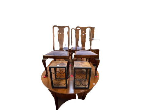 Mahogany pedestal sideboard, mahogany D-end dining table on pad feet with central drop leaf extension and set of six dining chairs. thumbnail