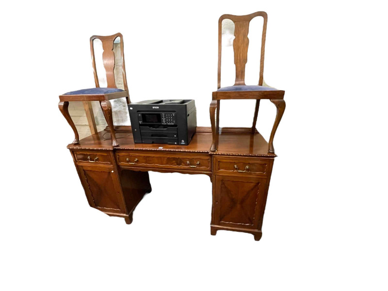 Mahogany pedestal sideboard, mahogany D-end dining table on pad feet with central drop leaf extension and set of six dining chairs.