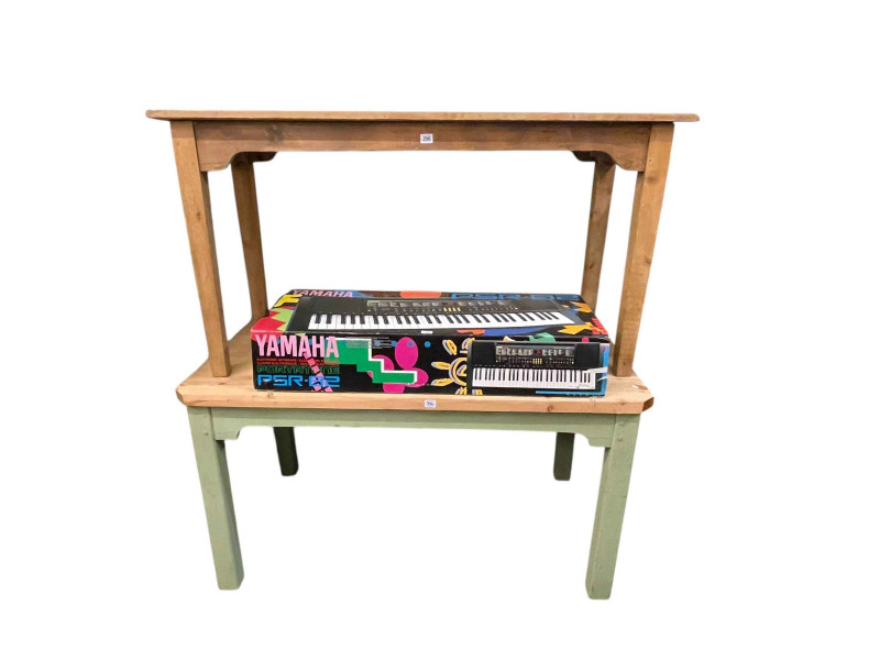 Two rectangular pine kitchen tables, largest 73cm by 136.5cm by 74cm.