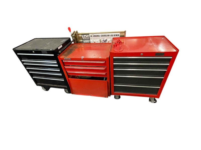 Three tool cabinets and contents and chainsaw log bench.