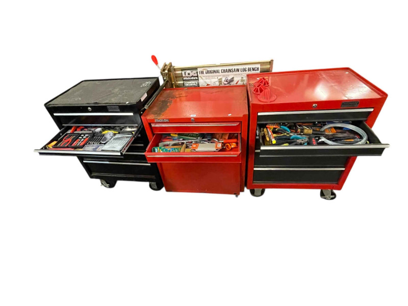 Three tool cabinets and contents and chainsaw log bench.