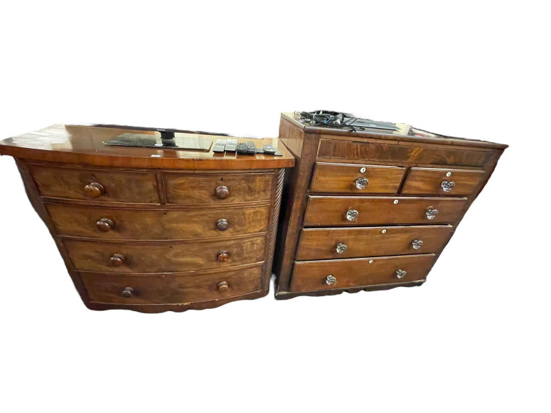 Victorian mahogany chest of five long drawers and Georgian commode-chest, Victorian mahogany bow front chest of two short above three long drawers and Victorian mahogany chest of one shallow above two short and three long drawers.
