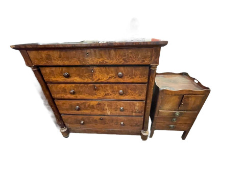 Victorian mahogany chest of five long drawers and Georgian commode-chest, Victorian mahogany bow front chest of two short above three long drawers and Victorian mahogany chest of one shallow above two short and three long drawers. thumbnail