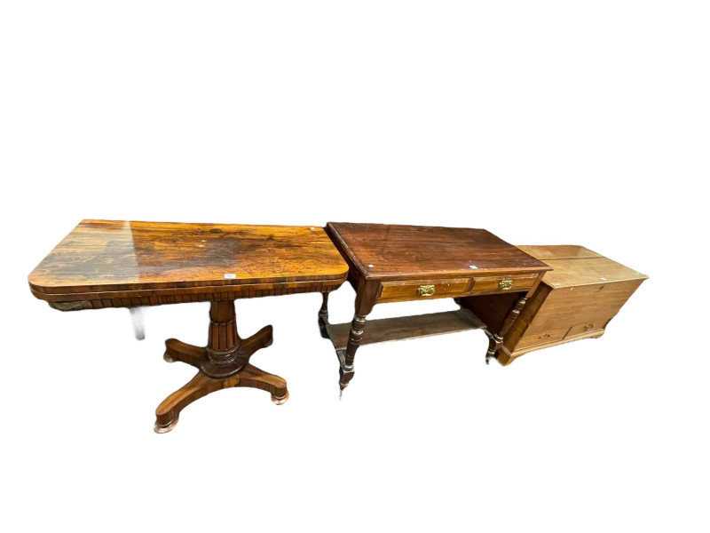 Victorian rosewood fold top card table, antique oak kist with two base drawers and late Victorian two drawer washstand (3).