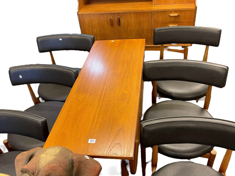 Mid Century G Plan teak highboard, drop leaf dining table and set of six Fresco dining chairs.
