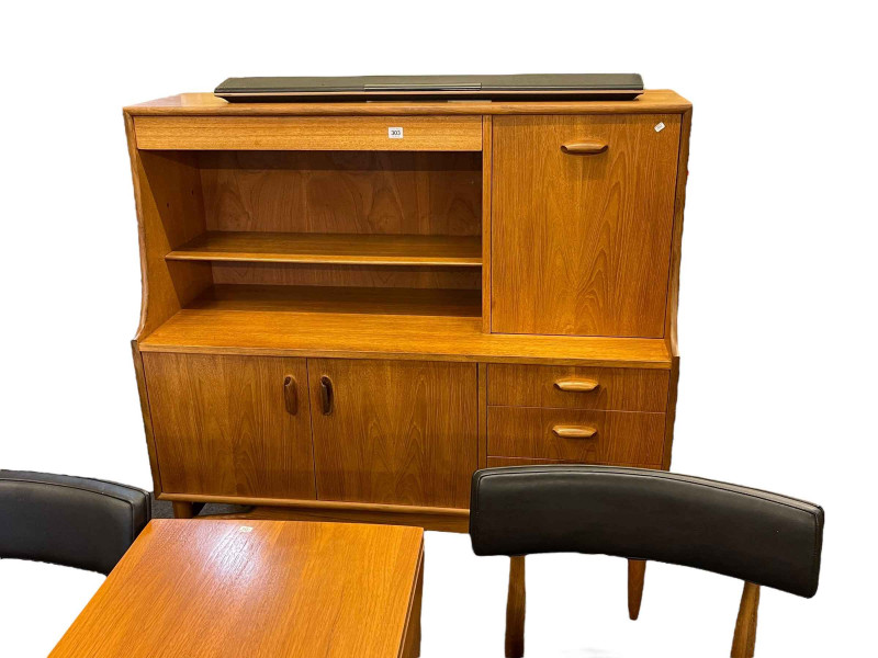 Mid Century G Plan teak highboard, drop leaf dining table and set of six Fresco dining chairs.