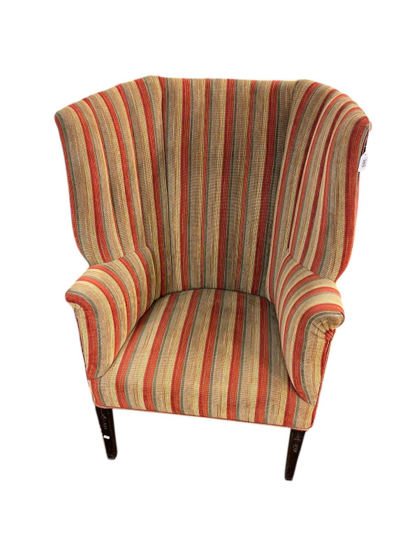Georgian style barrel back wing armchair in stripe fabric (evidence of woodworm).